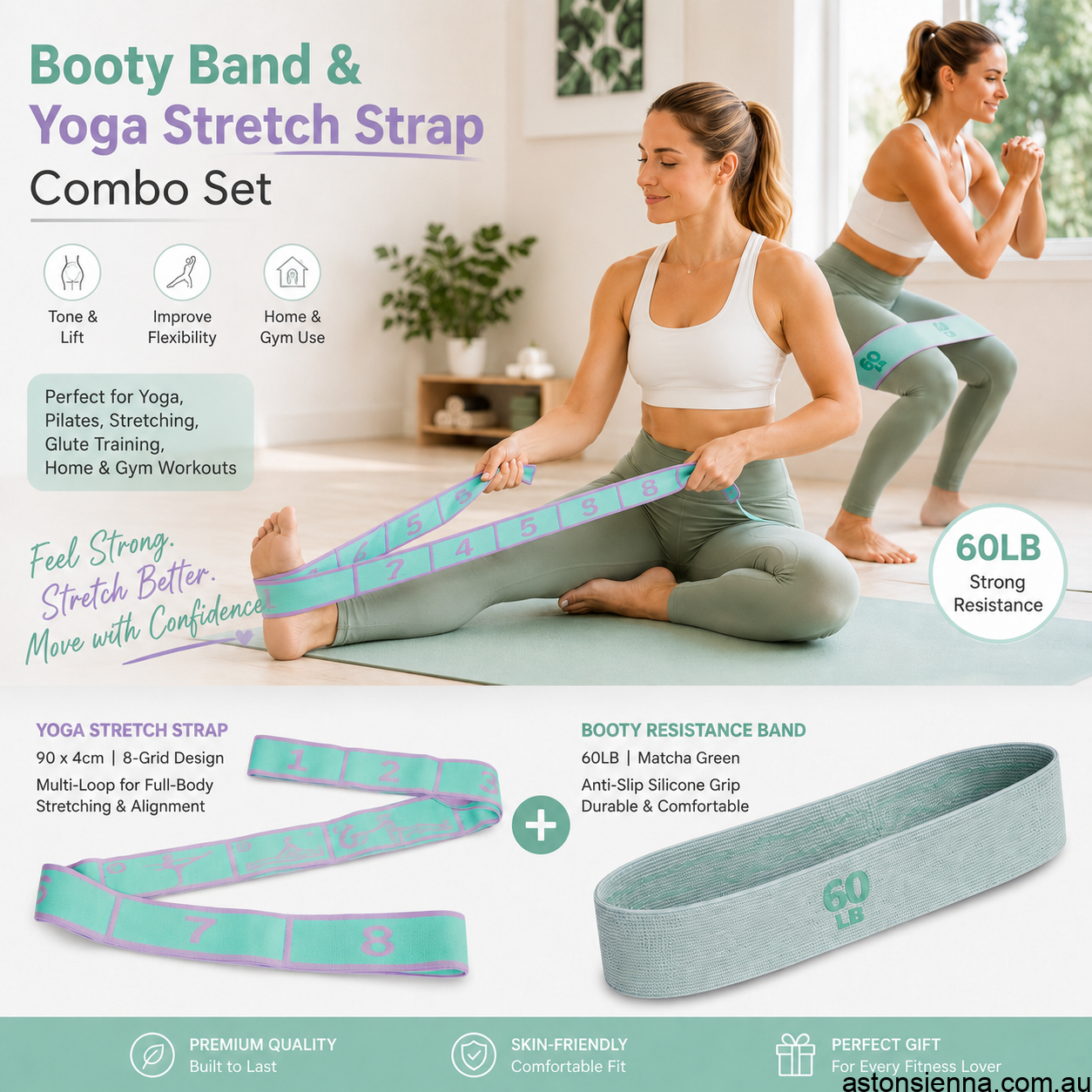 8‑Grid Yoga Stretch Strap & 60LB Resistance Band Set – Green/Purple