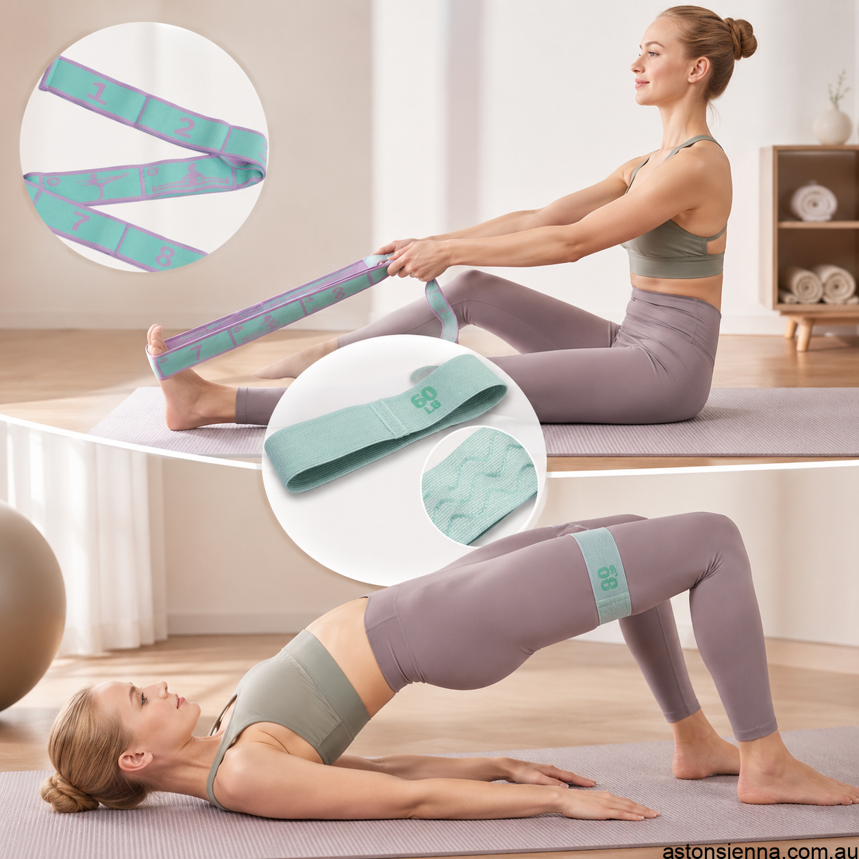 8‑Grid Yoga Stretch Strap & 60LB Resistance Band Set – Green/Purple - Image 2