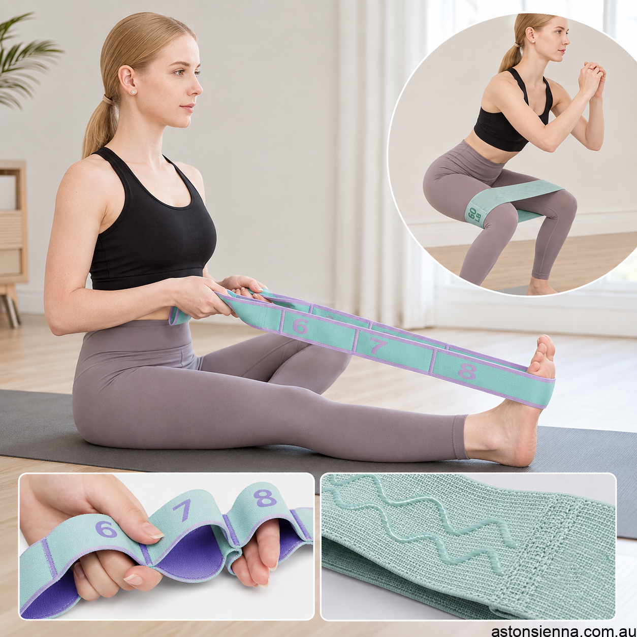 8‑Grid Yoga Stretch Strap & 60LB Resistance Band Set – Green/Purple - Image 4