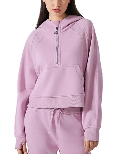 Women's cropped half zip hoodie with bodycon fit premium heavyweight fabric and athleisure styling