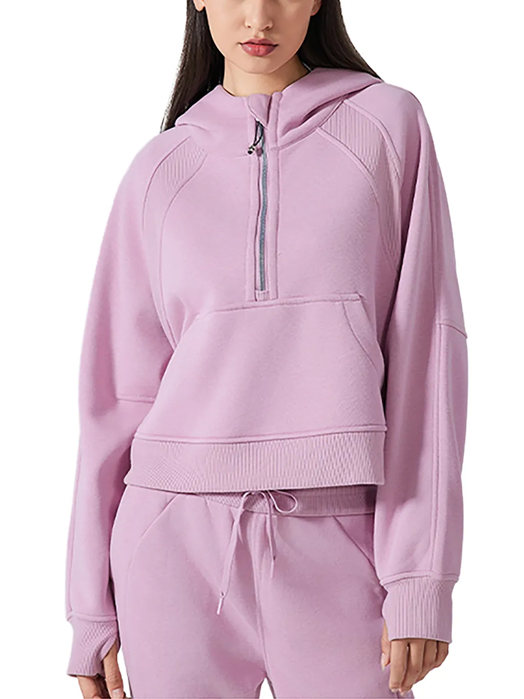 Women's cropped half zip hoodie with bodycon fit premium heavyweight fabric and athleisure styling