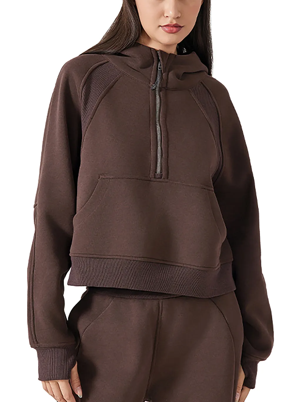 Women's cropped half zip hoodie with bodycon fit premium heavyweight fabric and athleisure styling