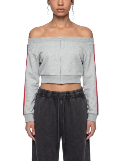 Women's off shoulder full zip hoodie with bodycon fit premium cotton blend fabric and Y2K streetwear styling