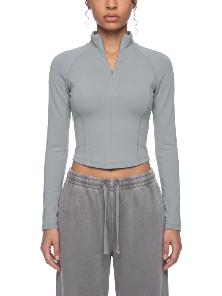 Women's Quarter-Zip Yoga T-Shirt with stand collar and long raglan sleeves