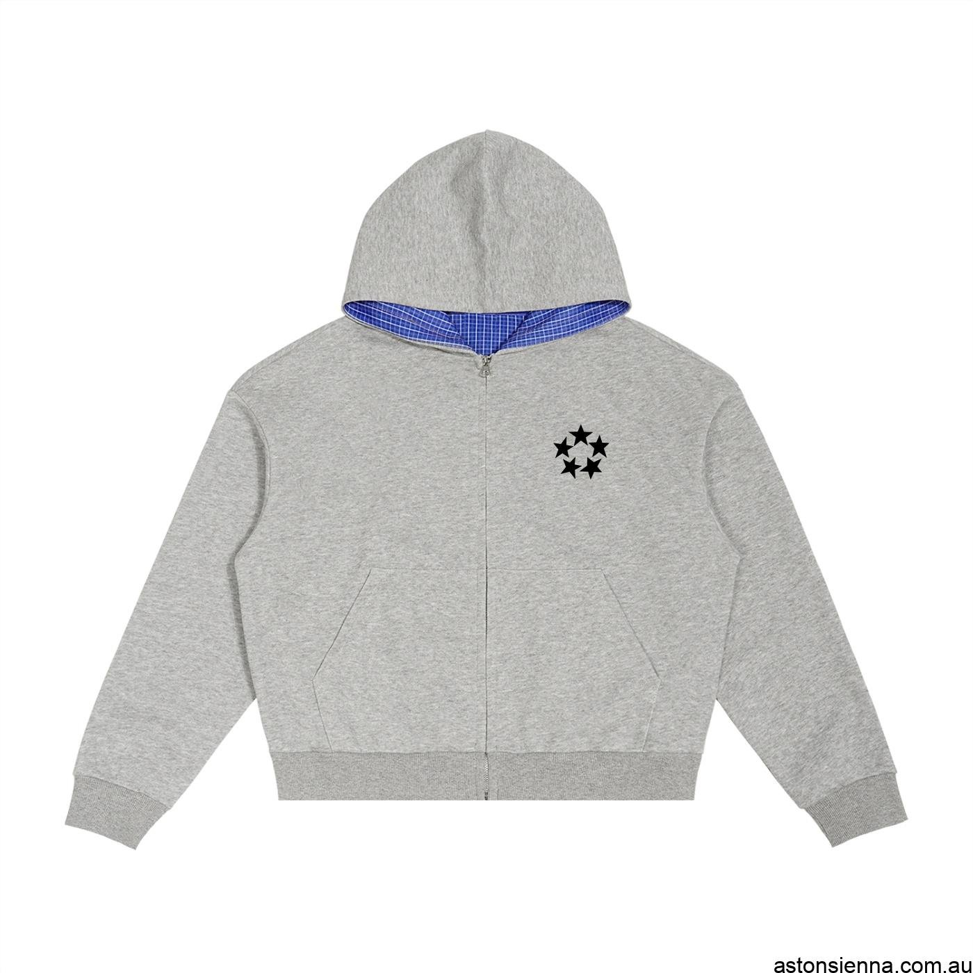 AstonSienna Contrast Plaid Boxy Zip Hoodie with oversized fit and premium plaid streetwear design