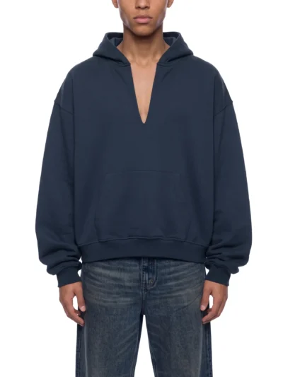 Unisex boxy raw edge pullover hoodie in heavyweight cotton-rich fabric with relaxed fit