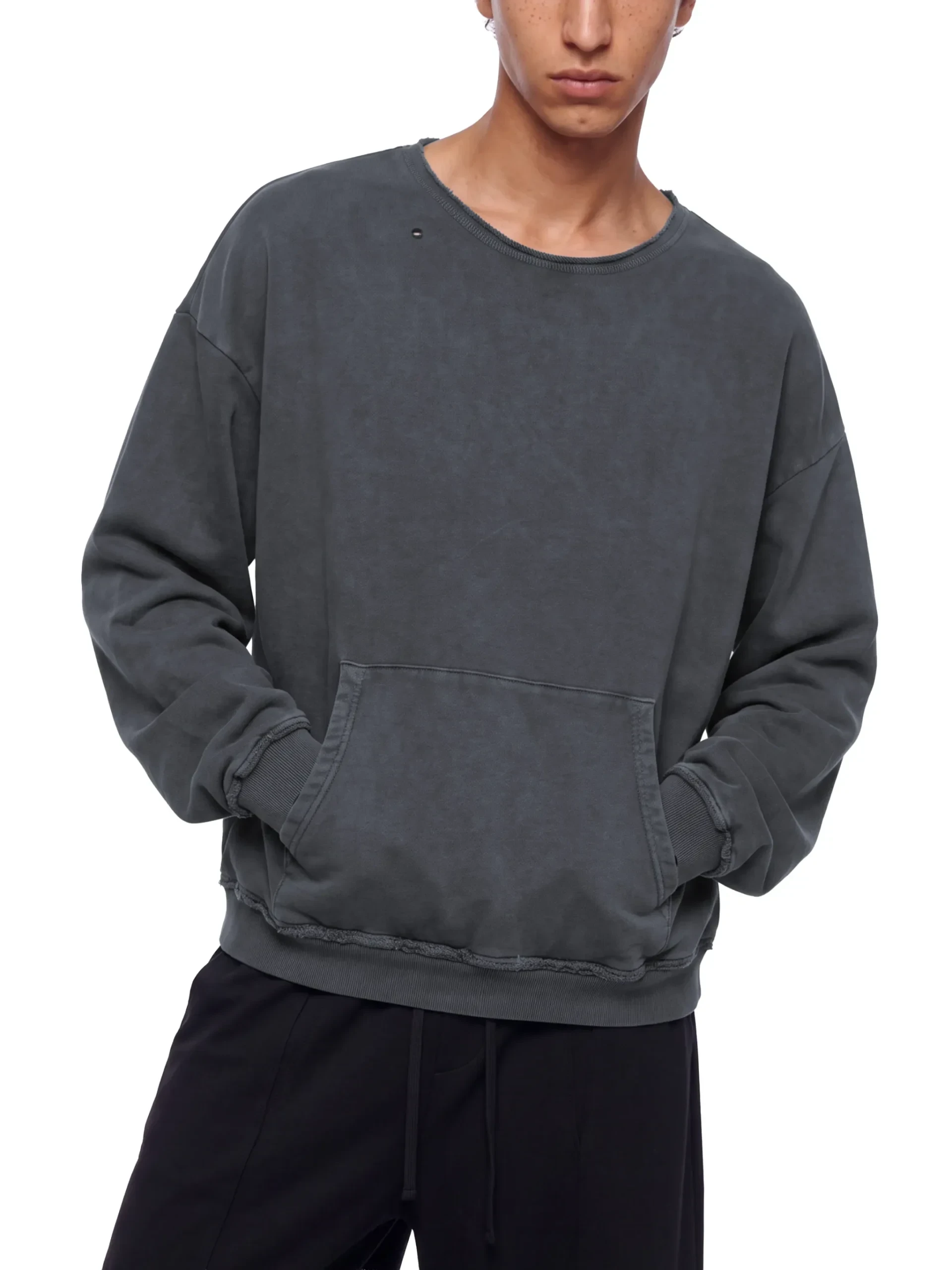 Men's vintage wash distressed pocket sweatshirt in heavyweight cotton with relaxed oversized fit ``