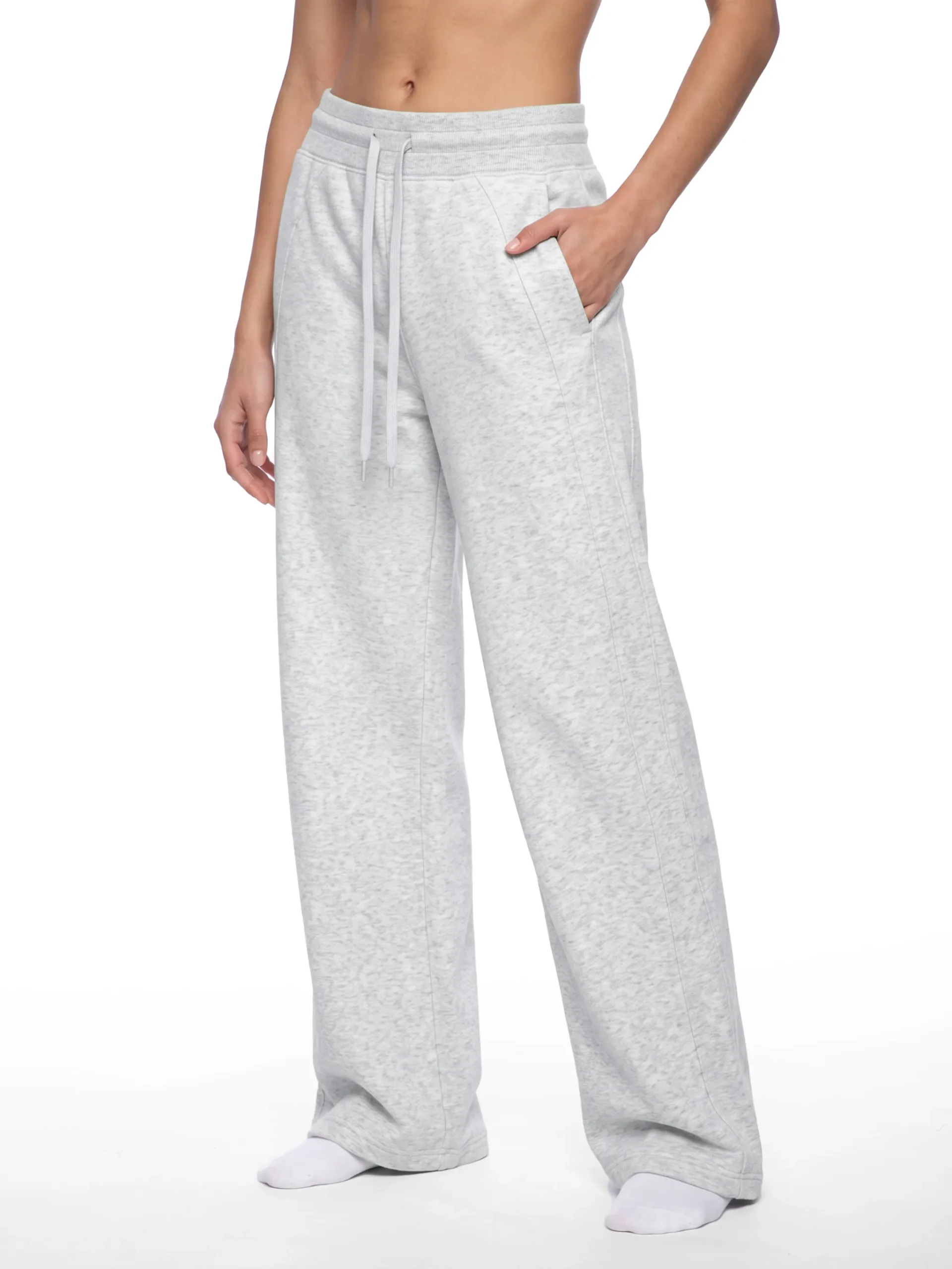Women's fleece-lined wide leg sweatpants with high-rise drawstring waist and relaxed fit